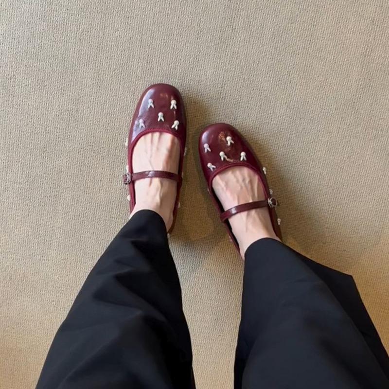 Sheepskin version~ Round head Mary Jane shoes with one-word buckle strap versatile shallow mouth flat sole shoes grandma shoes