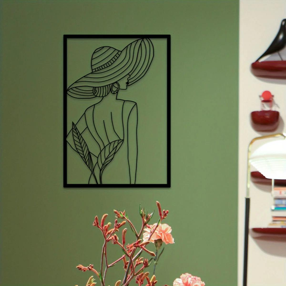 

Винтажное женское настенное искусство из металла - современный черно-золотой рисунок | Минималистское абстрактное женское однолинейное искусство для домашнего декора темные хаки