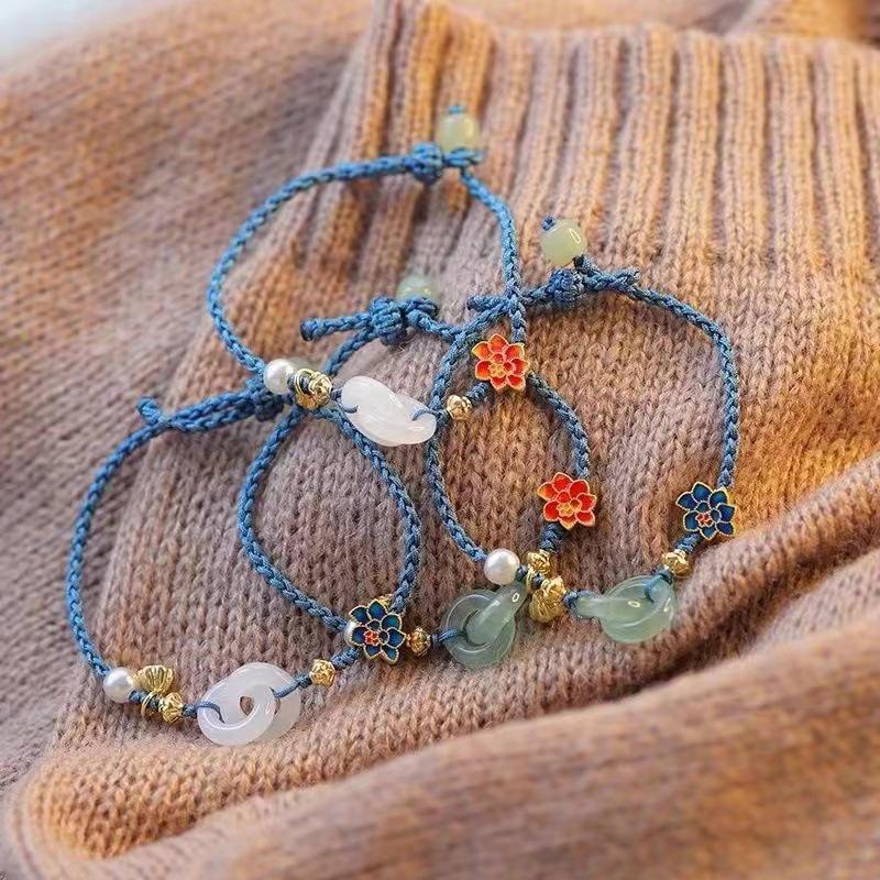 Ethnic Style Flower Lotus Jade Pearl Braided Bracelets Adjustable Woven Bracelet For Women  Jewelry Accessories