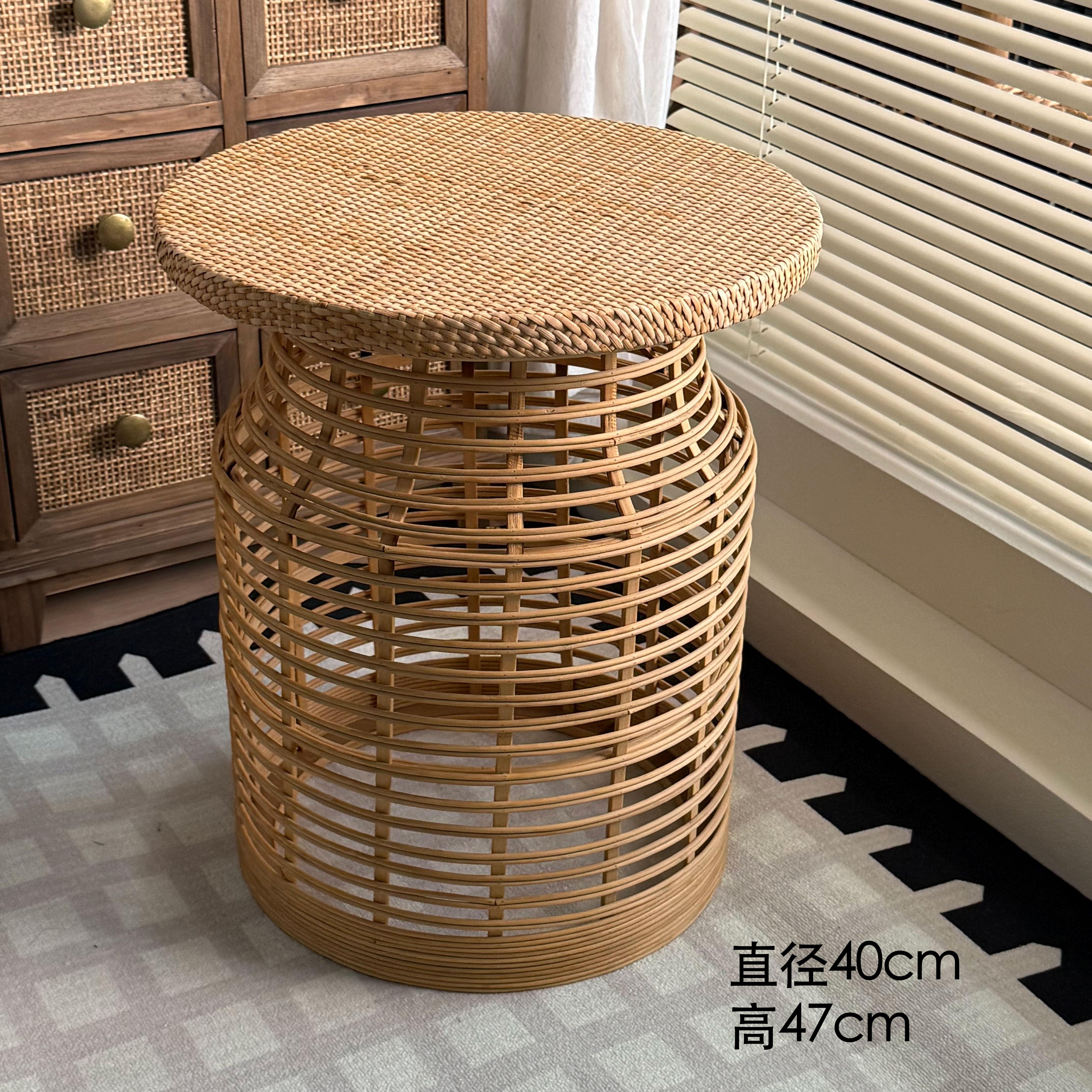 Handwoven Rattan Bamboo Storage Side Table, French Countryside Nightstand, Accent End Table - Boho Rustic Farmhouse Decor