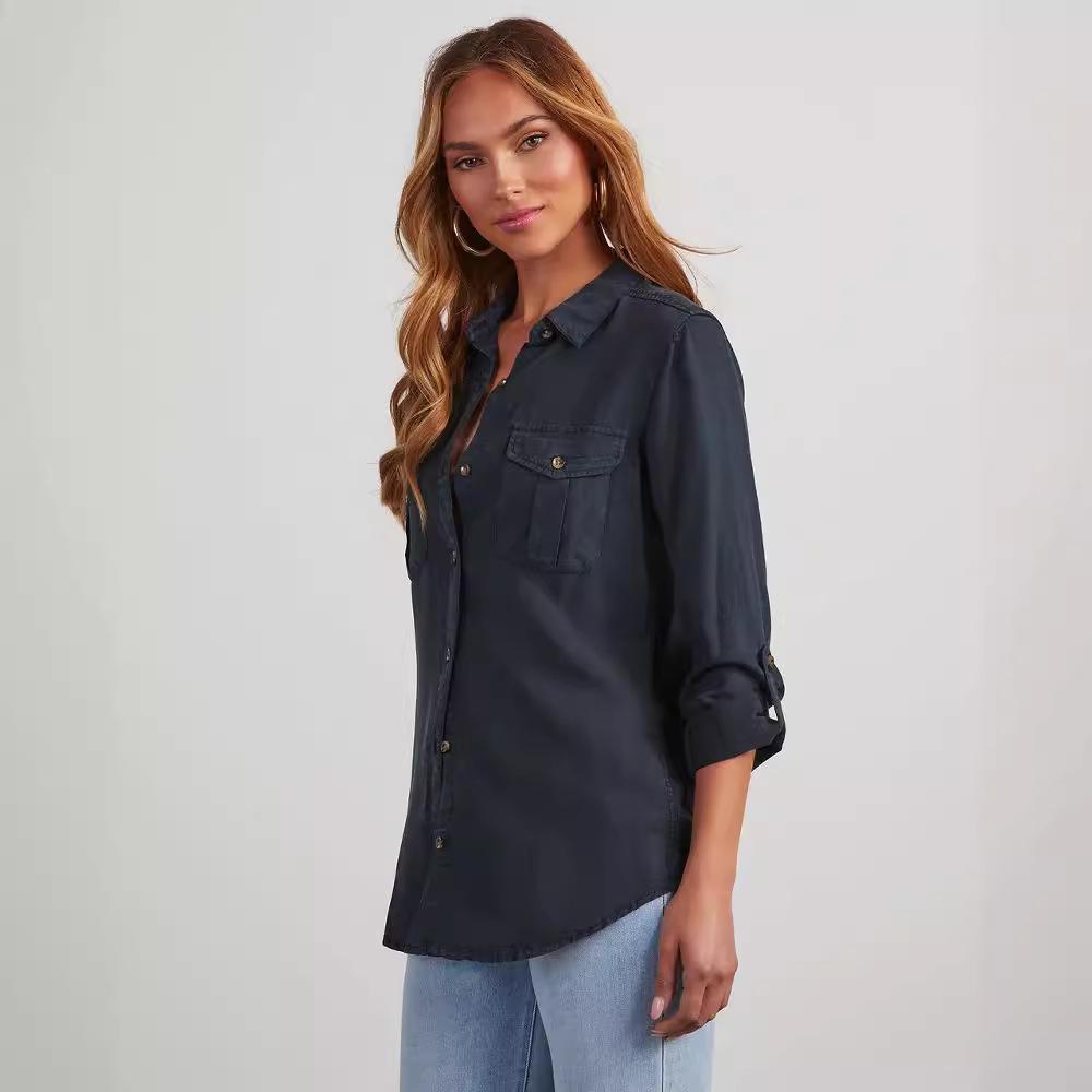 Women's Long-Sleeve Denim Shirt with Turn-Down Collar - Casual, European and American Style (Style 16810)