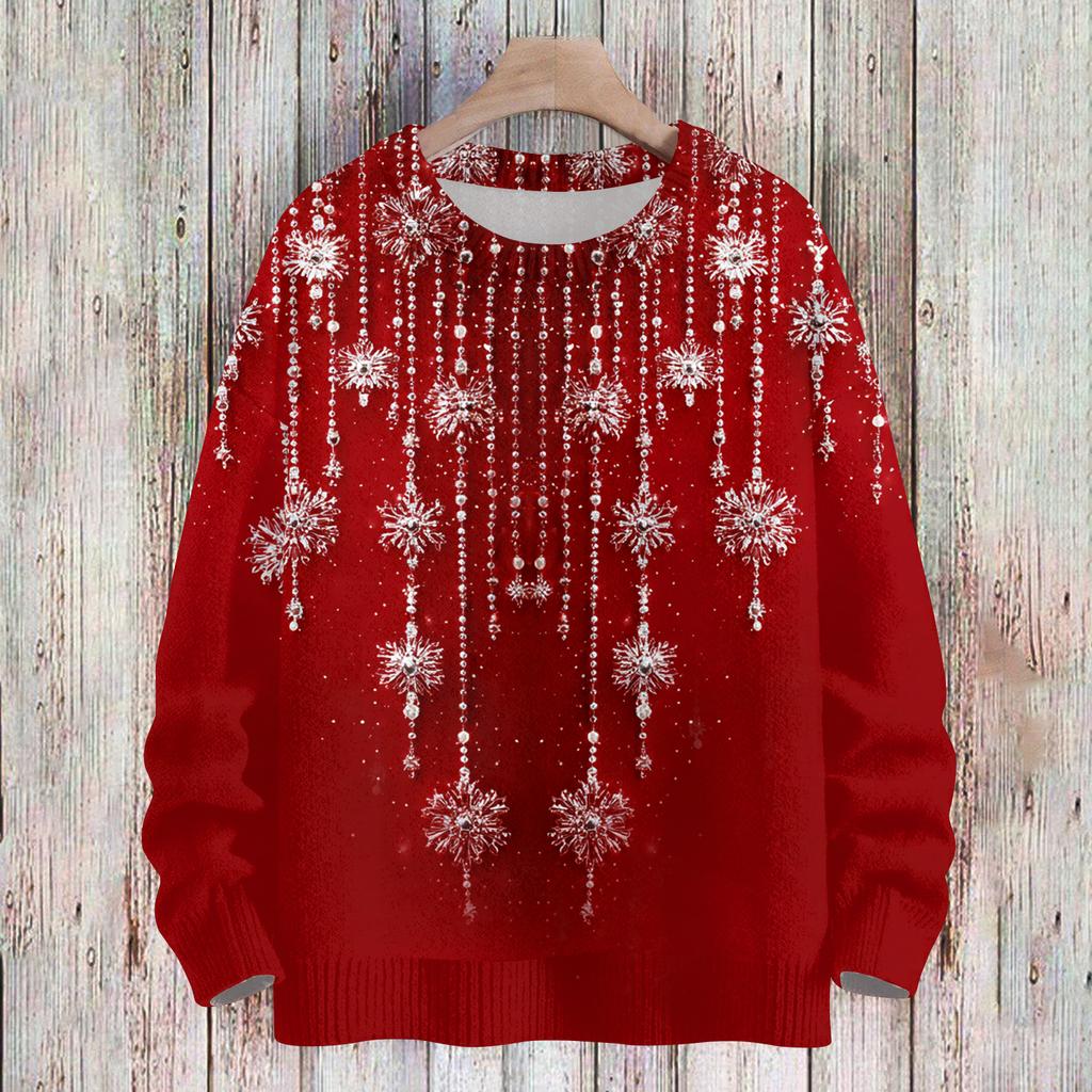 Ladies' Fashionable And Casual Christmas Cute Printed Round Neck Long Sleeved Knitted Yarn