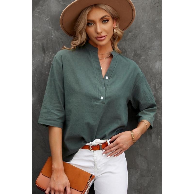 

DAFIFY женские модные повседневные летние весенние однотонные блузки и рубашки с рукавами 1/2 и v-образным вырезом с принтом XXL темно-зеленого