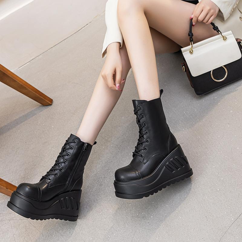 Martin boots women's platform mid-tube short boots 2025 autumn and winter new leather boots solid color simple side zipper fashion shoes