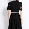 Women's Stand Collar Short Sleeve Hollow Out Lace A-Line Mid Waist Elegant Commuter Midi Dress