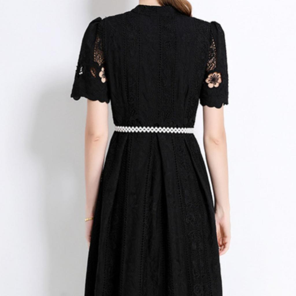 Women's Stand Collar Short Sleeve Hollow Out Lace A-Line Mid Waist Elegant Commuter Midi Dress