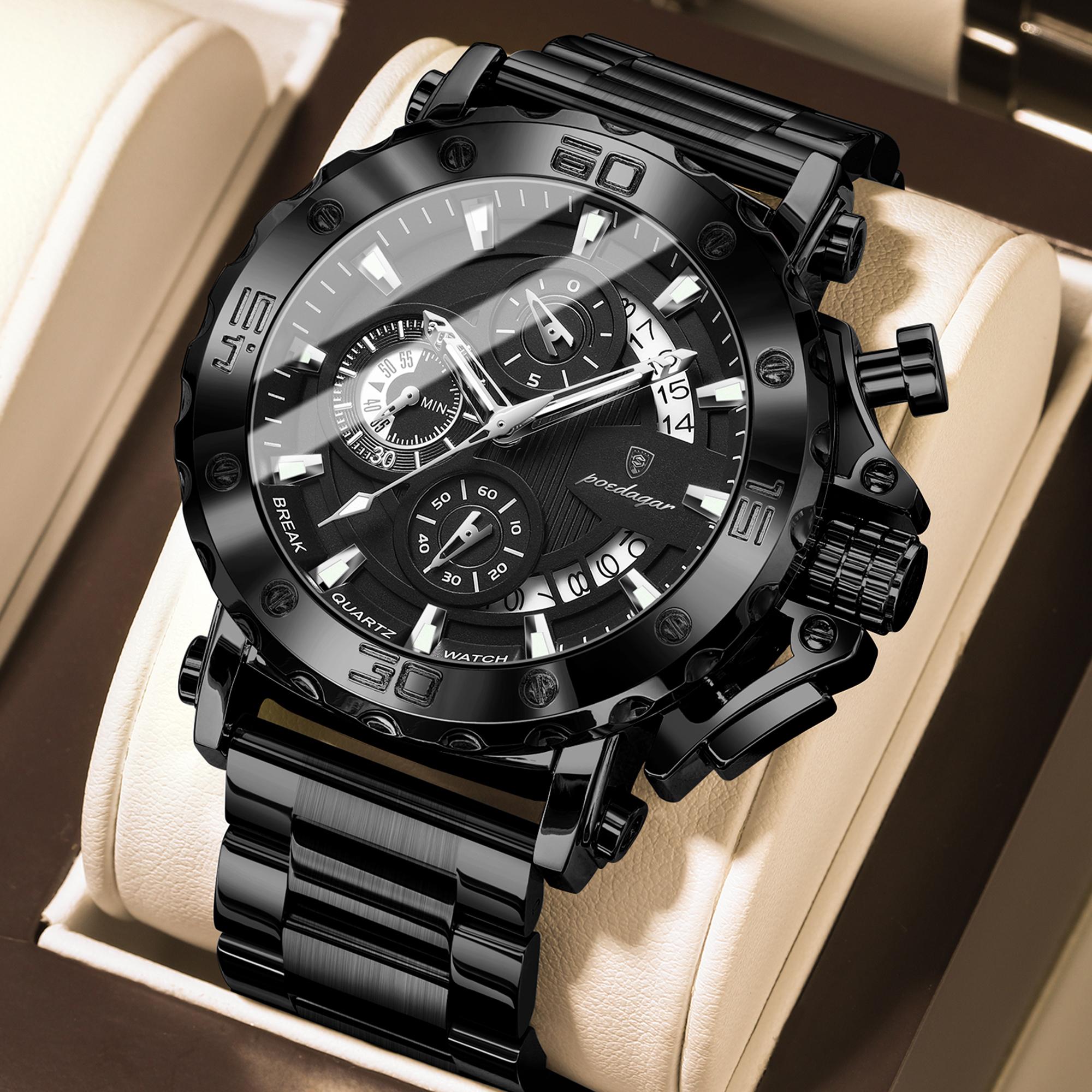 

Чоловічий годинник Розкішний Великий Циферблат Нержавіюча Сталь Водонепроникний Хронограф Наручний Годинник з Датою Relogio Masculino чорний