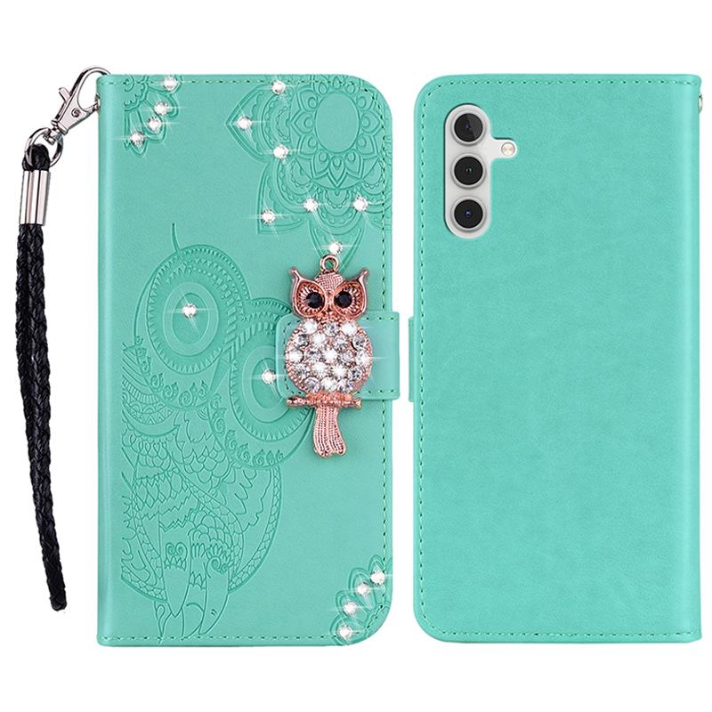 For Samsung Galaxy S23 FE Case Owl Flower Imprinted Rhinestone Leather Phone Stand Cover