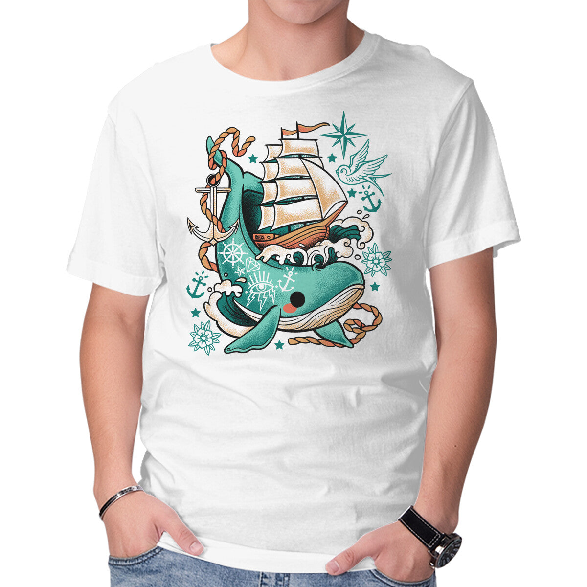 Unisex Crew Neck T-Shirt Whale Ship Tattoo Graphic Short Sleeve Casual Tee XXXL