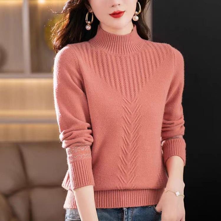 Half Turtleneck Cashmere Sweater Solid-color Long-sleeved Knitted Sweater for Women Casual Thickened Knitwear and Loose Solid-color Pullover