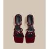 Fashion New Wine Red High Heels Sandals for Women Square Toe Bowtie Decor Summer Outdoor Slippers Woman Thin Heeled Party Wedding Shoes