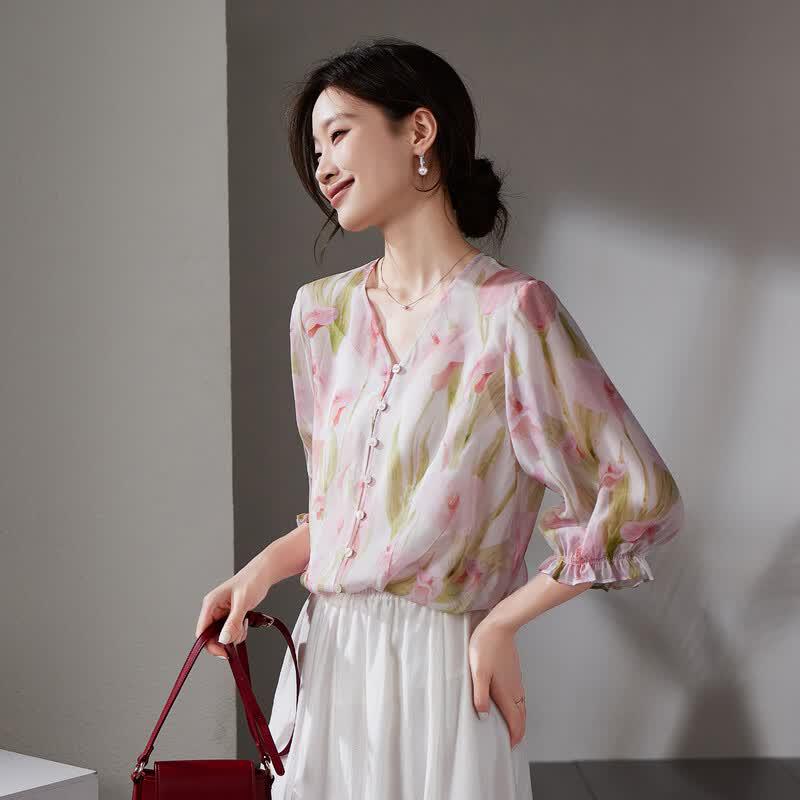 SOFSIL 2026 Summer Mulberry Silk Printed Puff Sleeve Shirt L