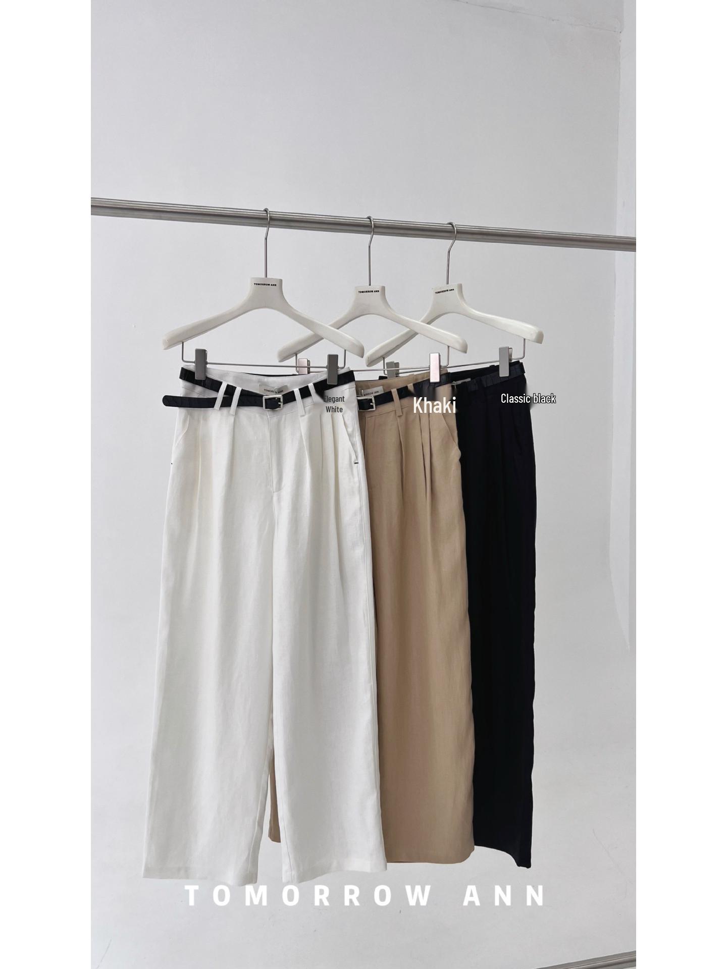 

Heavyweight Hemp Pleated Wide-Leg Casual Pants with Belt for Spring/Summer 12392 Small
