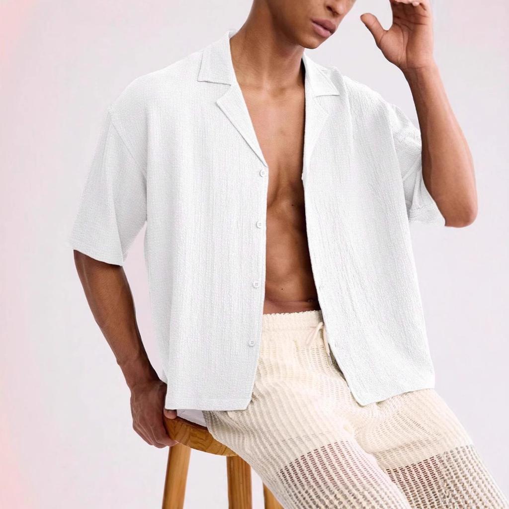 Men's Solid Color Loose Pleated Style Trendy Short Sleeved Lapel Shirt