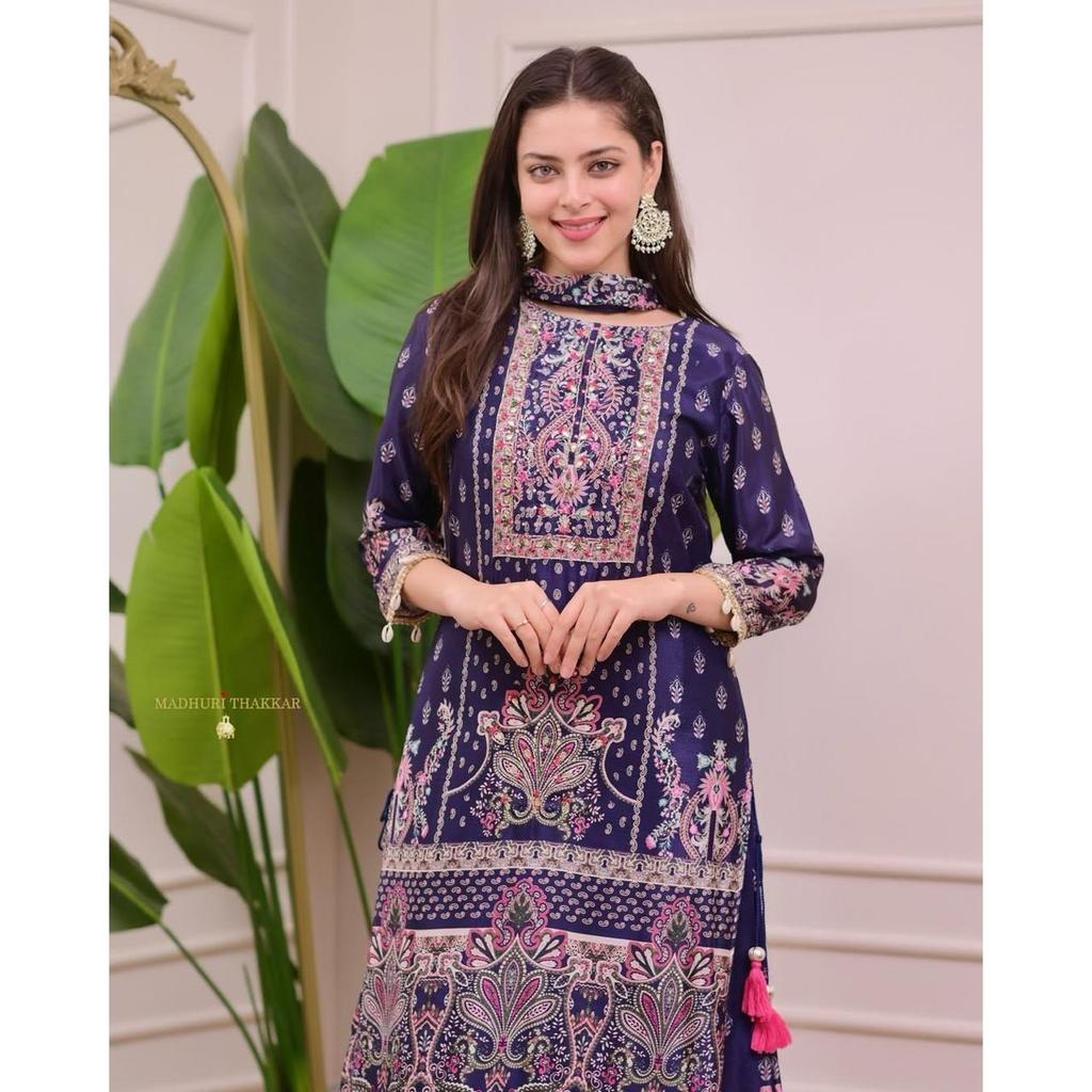 Designer wear trending top with printed work with hand work with plazo and dupatta set