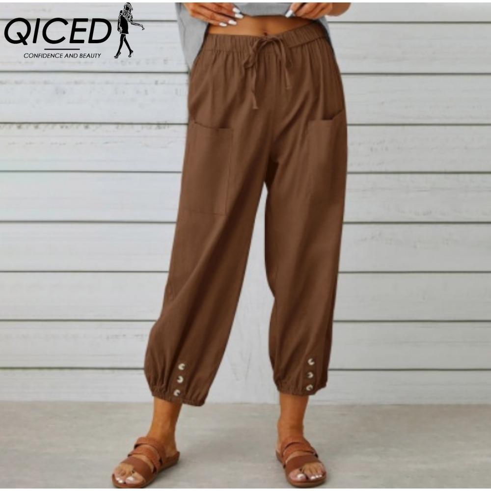QICED 12 Color Women's Fashion Casual Solid Color Print Pants & Capris