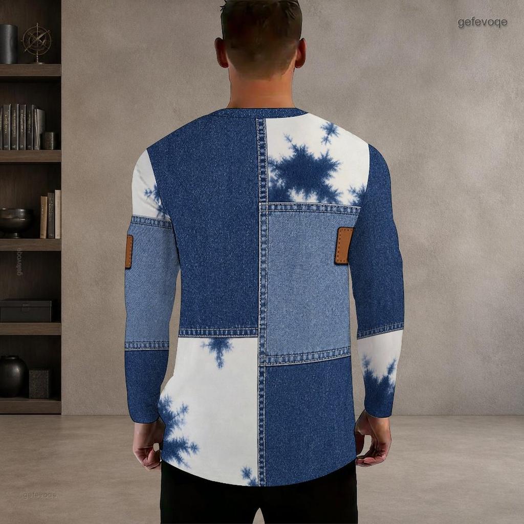 Men Plus Size Round Neck Long Sleeve Printed T Shirt White Blue Khaki Casual Pullover Straight Hem