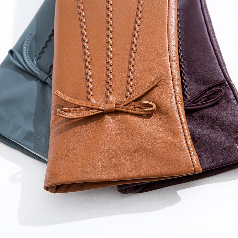 Women's Colorful Genuine Leather Gloves Bow Sheepskin Gloves  Women's Warm Cycling Clothing Gloves for Autumn and Winter