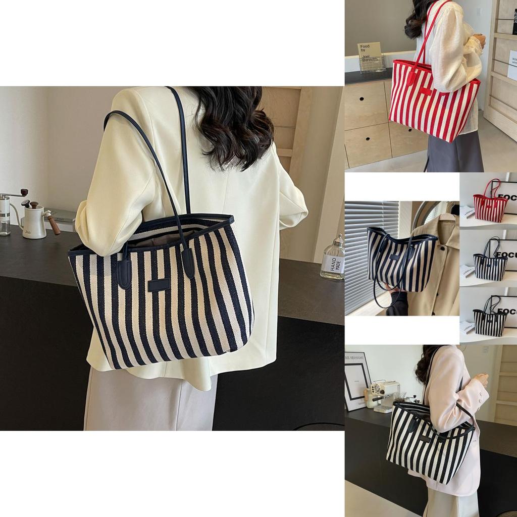 Chic Fashionable Striped Canvas Tote Bag 2024 New Large Capacity Handbag For Women