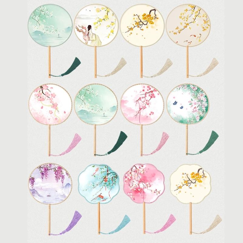 Chinese Fan with Pendant Handhelds Inks Painting Fan Tassels Round Silk Fan