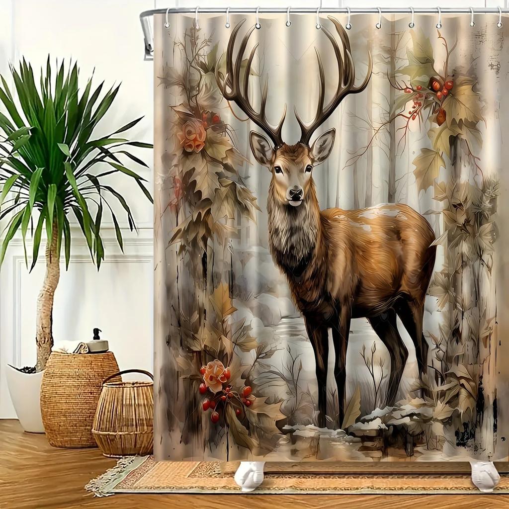 Christmas Forest Deer Shower Curtain Washable Dirt-Resistant Shower Head waterproof Polyester Bath Curtain For Home Decor