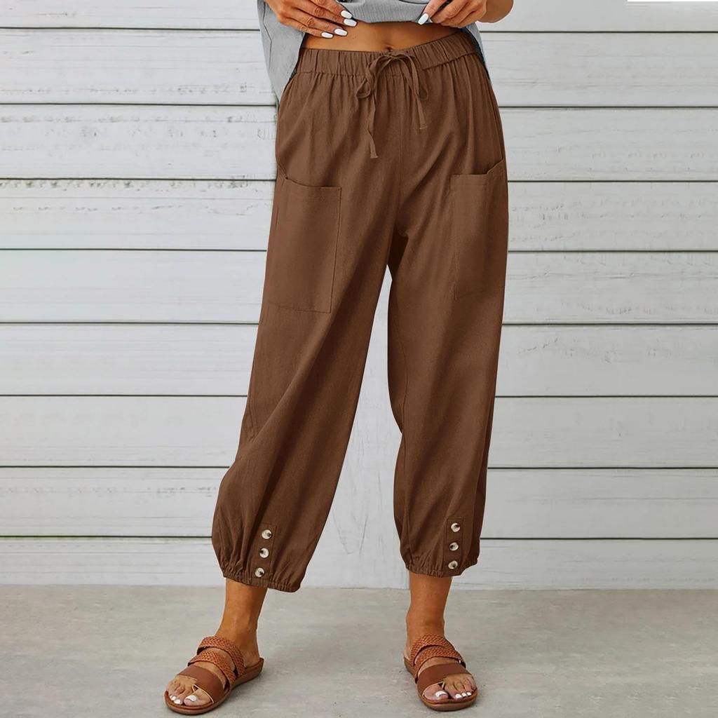 Vintage Boho Cotton Linen Pants for Women Summer Pockets Thin Beach Trousers Woman Casual High Waist Loose Harem Pants