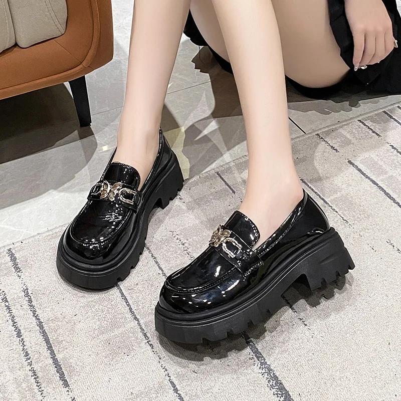 New Women's Patent Leather Thick Sole Loafers Square Heel Round Head Metal Decoration Ladies Shoes Anti-slip Comfortable Leisure
