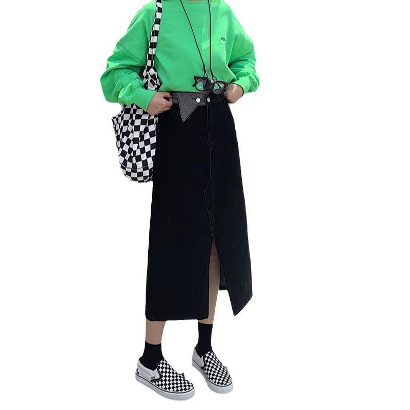 Korean Irregular Slit Denim Midi Skirt - Plus Size A-Line High Waist for Autumn/Winter
