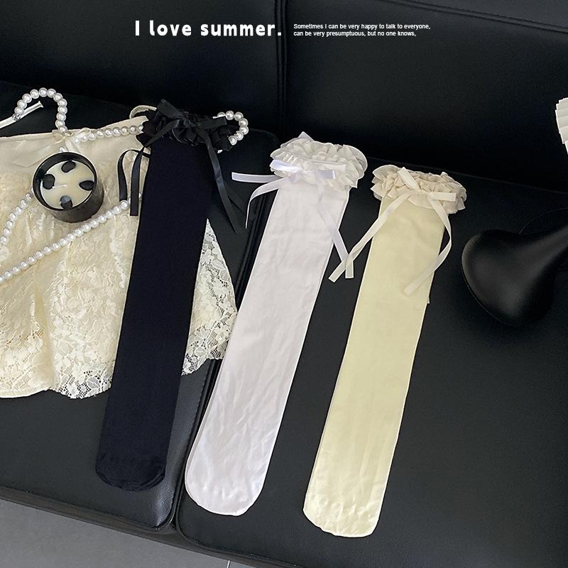 Lolita White Bow Knee-length Women's Spring/Summer Thin Lace Long Tube Lace Cream Ballet-style Thigh Socks