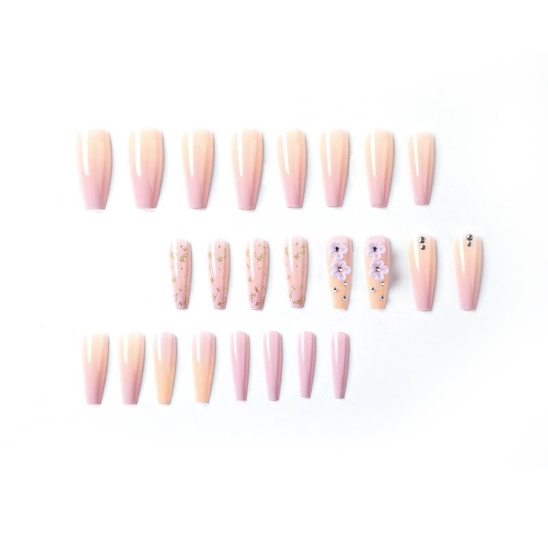 Wear manicure purple gradual change long ballet three-dimensional flower rhinestone manicure patch nail piece nail piece