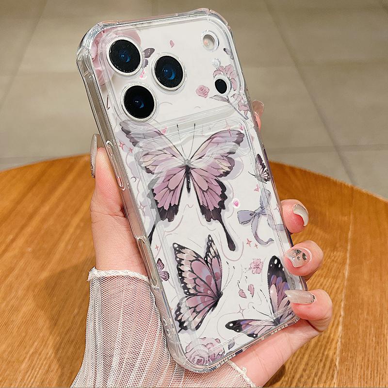 Purple Butterfly Pattern Clear Phone Case For iPhone 17 16 15 14 13 Pro Max 17 Pro Air 17e 16e 11 Shockproof Soft Card Bag Cover