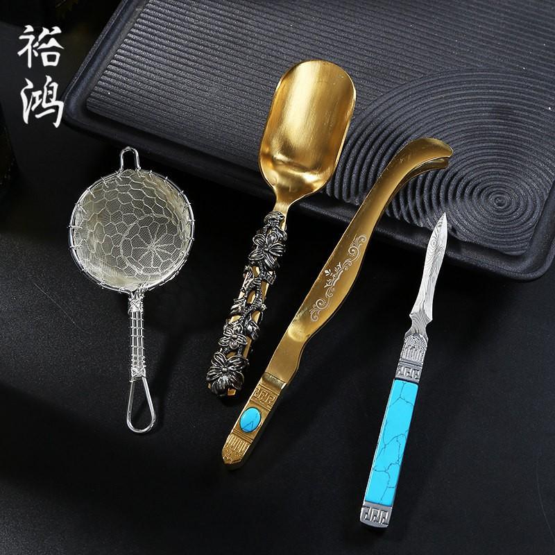 Stainless Steel Tea Ceremony Six Tools Set Gongfu Gold Vintage Turquoise Finish