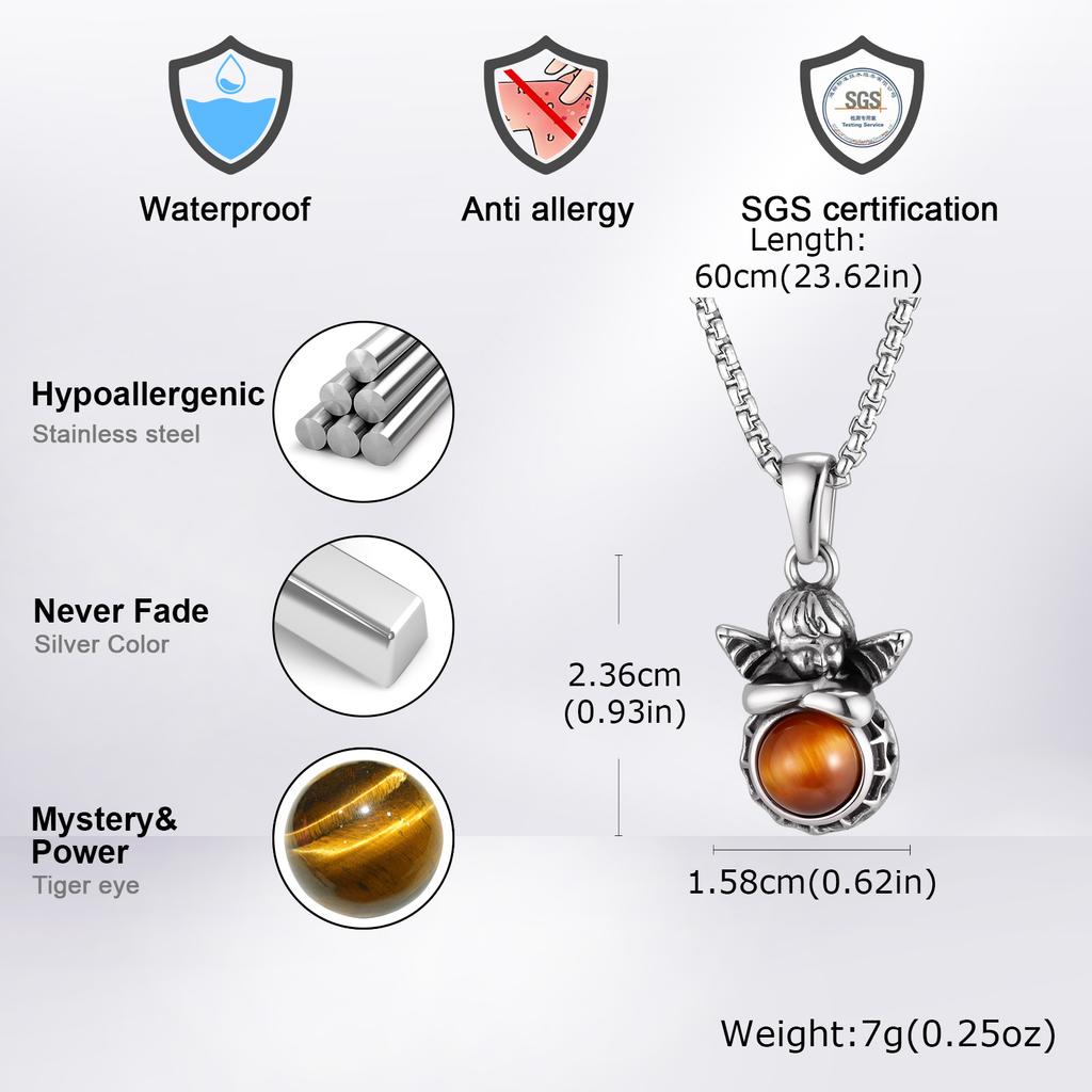 Xiaomi Vnox Angel Pendant Necklace for Men, Stainless Steel Tiger Eye Black Stone Box Chain, Party Birthday Graduation Jewelry Gift