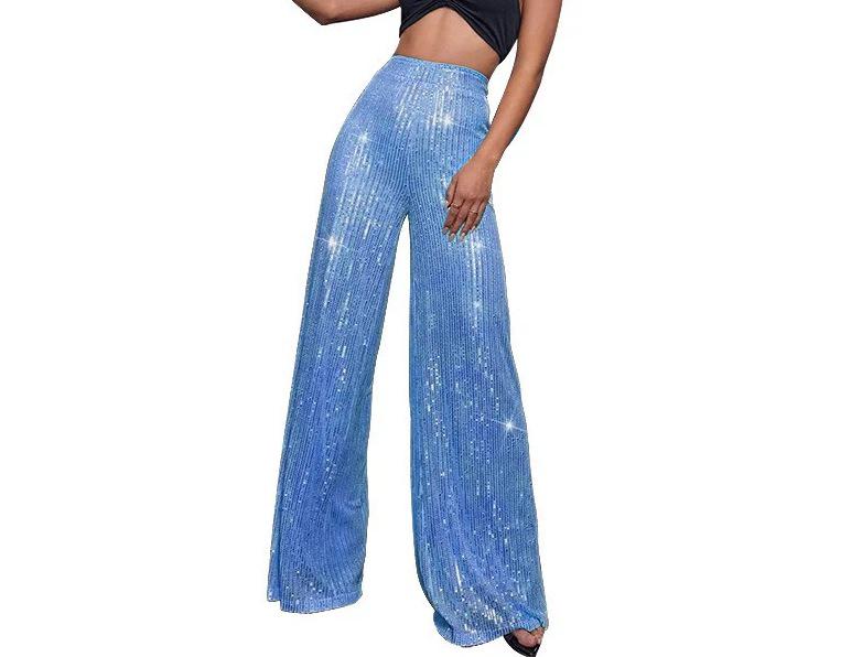 Pantaloni da Donna a Gamba Larga Lunghi Fino ai Piedi con Perle e Paillettes alla Moda 2025