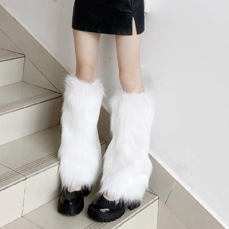 Damskie Zimowe Gładkie Futrzane Ocieplacze na Nogi Skarpety Harajuku Gotyckie Legginsy Mankiety do Butów