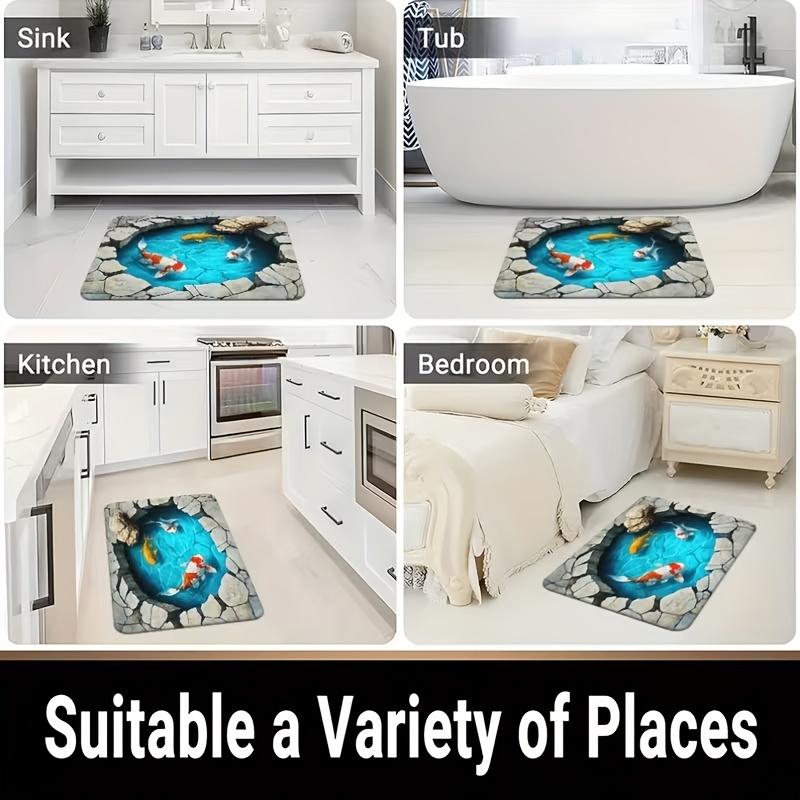 3D Visual Koi Fish Pond Doormat Stone Edge Water Pool Print Non Slip Floor Mat For Bathroom Entryway Indoor Home Decor