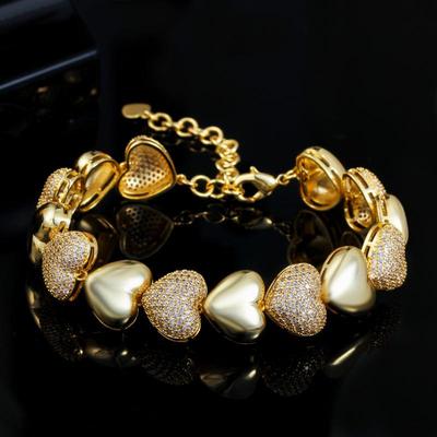 WWJ Luxury 585 Yellow Golden Color Heart Shape Zirconia Adjustable Chain Bracelets
