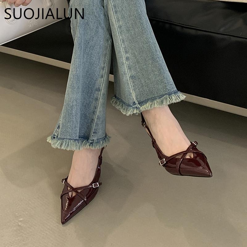 Fashion SUOJIALUN New Brand Women Sandal Shoes Fashion Pointed Toe Shallow Slip On Slingback Shoes Thin High Heel Outdoor Dress Pumps