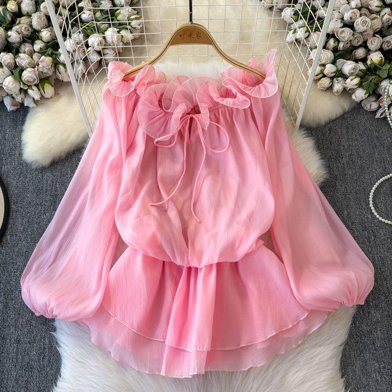 

White Pure Desire Temperament off-Shoulder Bubble Long sleeve Sun Protection Chiffon Shirt Women Summer Beautiful Frill Lace-up Top Pink One size