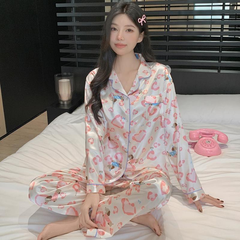 French Cute Cat Ice Silk Pajamas Women'S Spring And Autumn Sweet Wind Cool Long-Sleeved Loungewear Suit Can Be Worn Outside