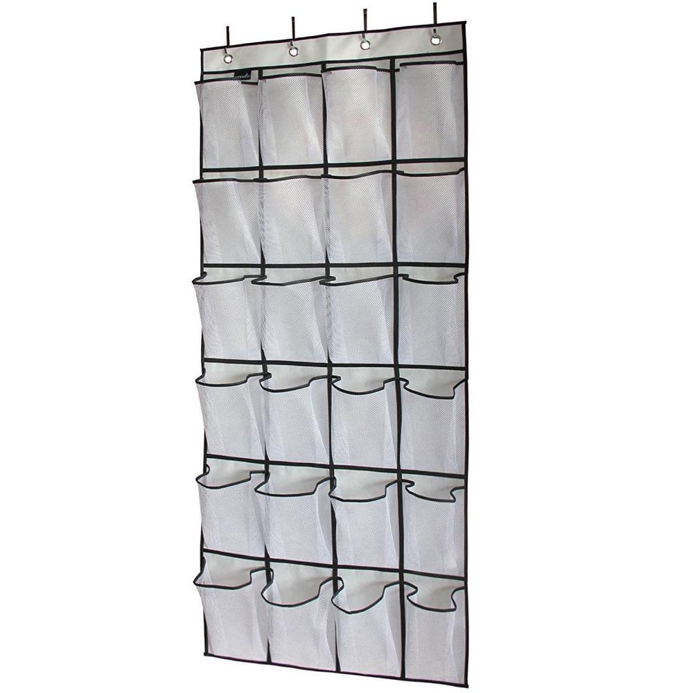 

24 Mesh Pockets Over The Door Shoe Organizer White Color Woven Fabric Hanging Storage Bag Space Saving Multi-Purpose