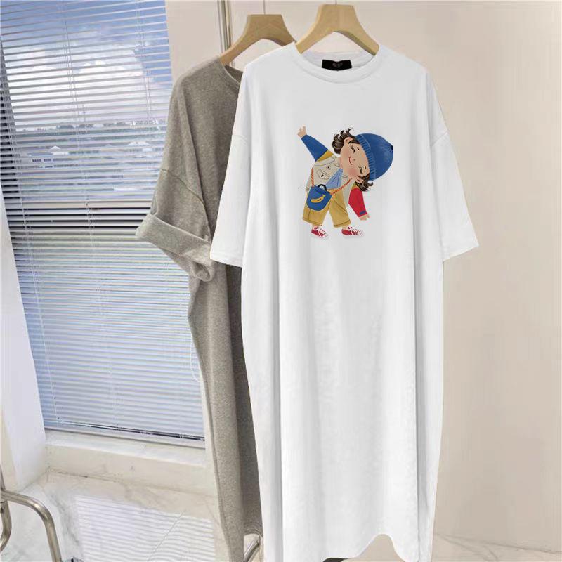 Large Size Women's Pure Cotton Short-sleeved T-shirt Dress, Summer Top, Fat Mm To Cover The Belly, Age Reduction and Thin Knee Dress