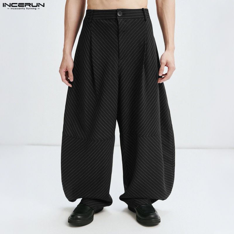 INCERUN Summer Men Zipper Waist Casual Striped Long Pants Trousers