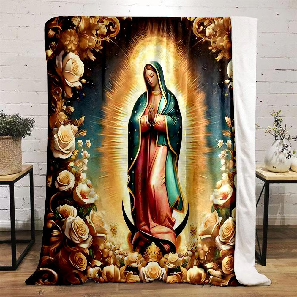"Virgin Mary with Golden Floral Halo" Patterned Flannel Blanket Perfect for the Bedroom Living Room, Sofa, or a Little Nap
