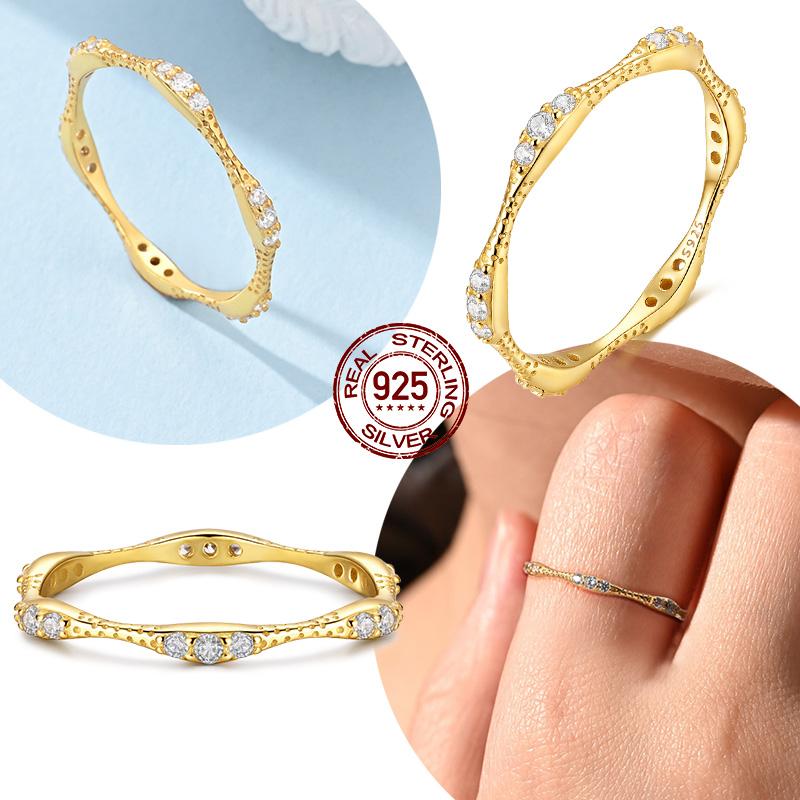 Original Real 925 Sterling Silver Gold Simple Ring Size 6-9 Zircon Ring For Women Wedding Jewelry Gift