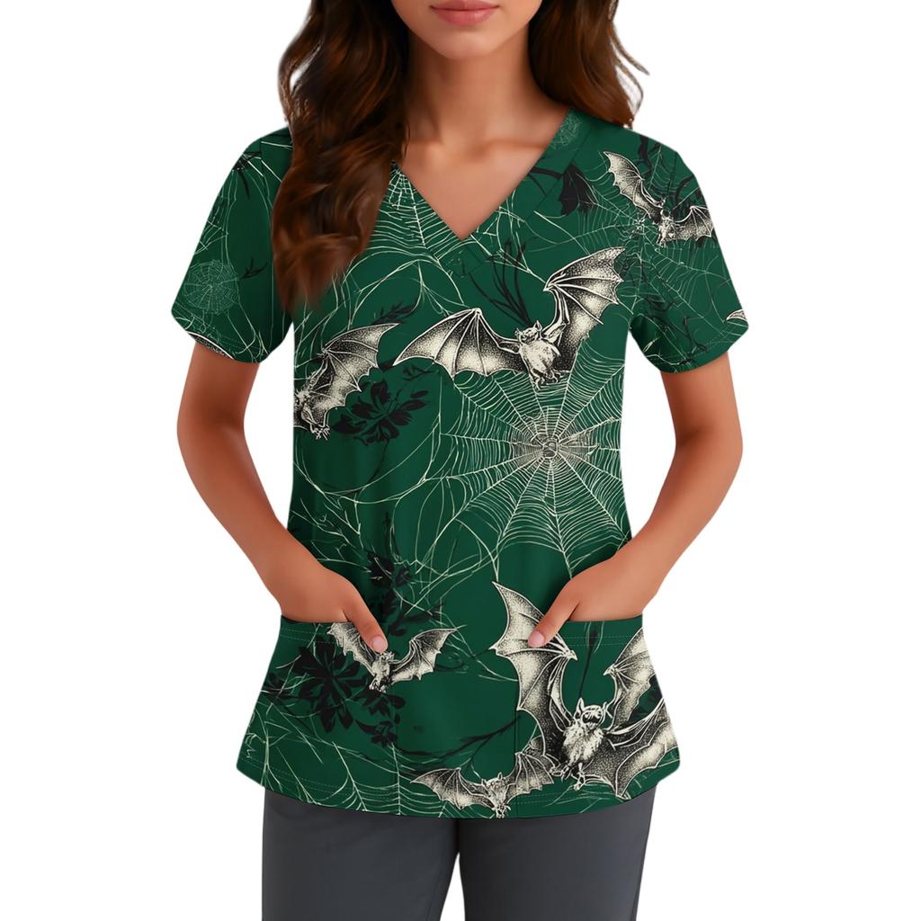 Women V Neck Short Sleeve Top with Pockets Halloween Themed Printed Scrub Shirt Comfortable Fit for Staff