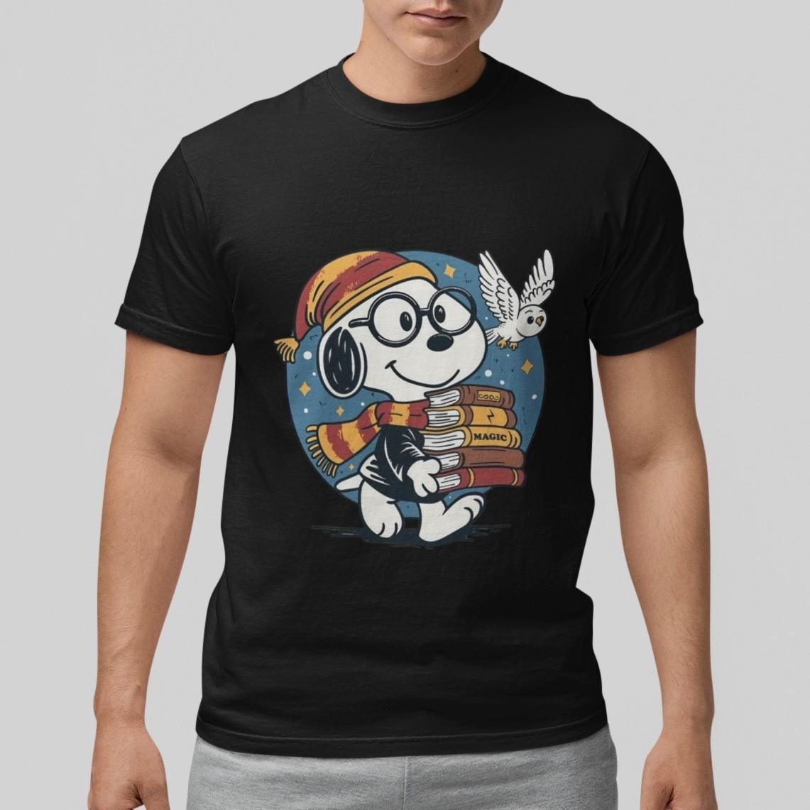 Snoopy Wizard T-Shirt Magic Books Owl Cute Cartoon Graphic Tee Unisex Casual Top M