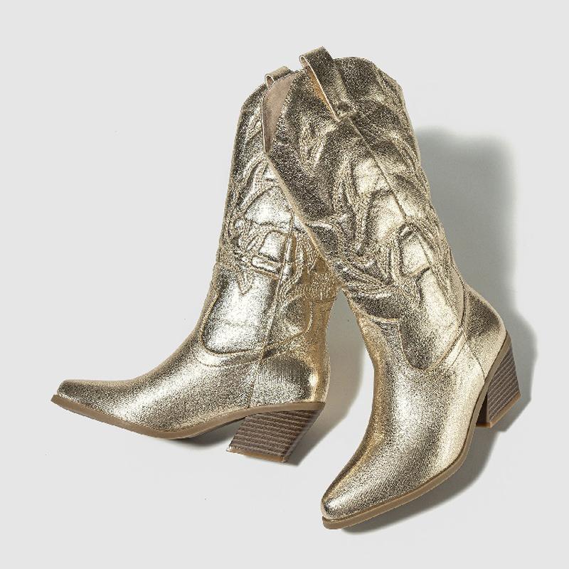 Fashion Designer Embroidery Knee-High Boots Women Handmade Western Cowboy Booties Women's Shoes Street Low Heels Shoes Zapatos De Mujer