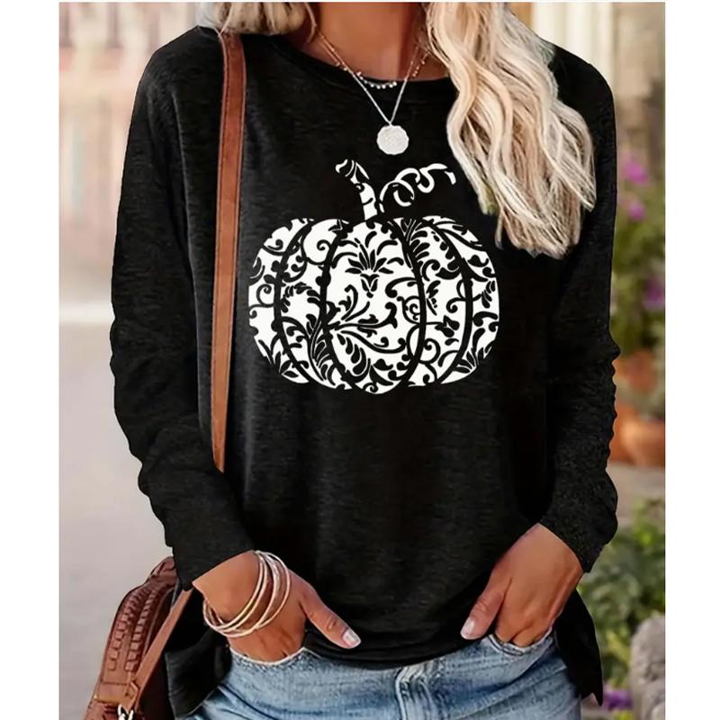 

2025 Autumn & Winter Women s New Casual Crew Neck Long Sleeve Top 3D Pumpkin Pattern XS чёрный