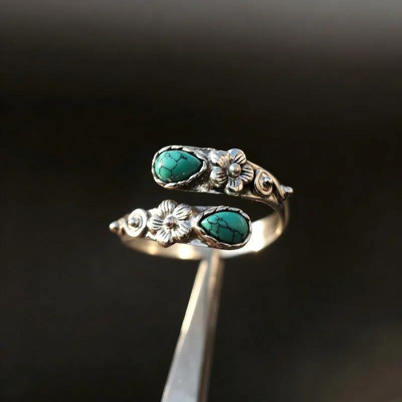 Vintage Imitation Turquoise Flower Open Ring Copper Color Adjustable Wrap Ring Bohemian Ethnic Jewelry For Women Daily Wear